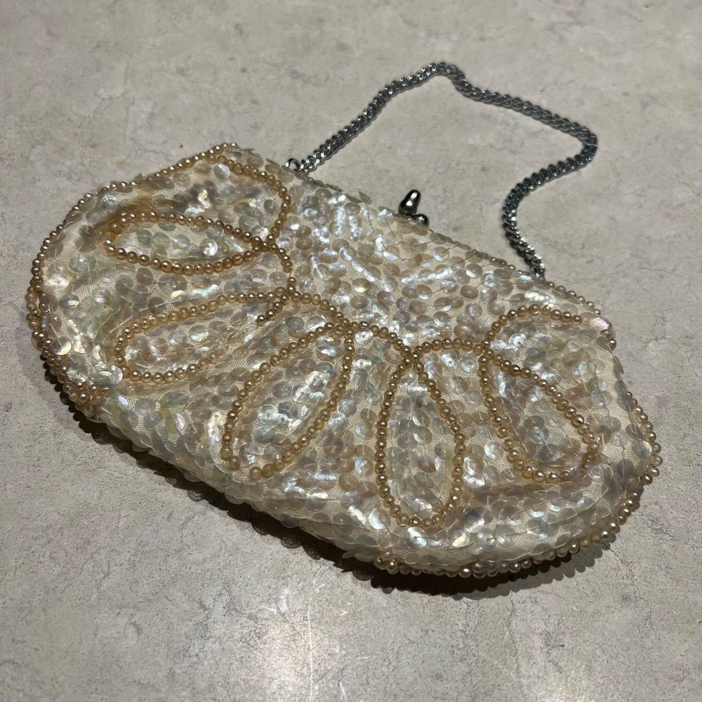 Vintage Beaded Evening Clutch Bag - Pearlescent Sequins‎ & Pearls, Made in Japan